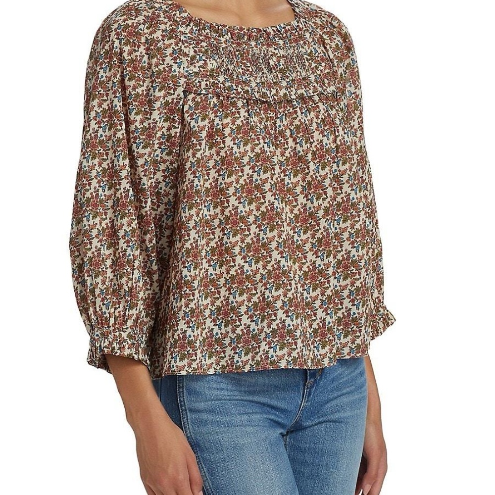 Doen Brown and White Boxy Blouse with Bib Collar